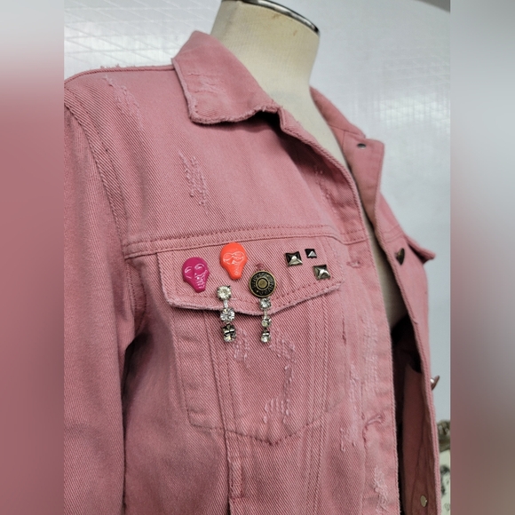 Pink Jean Jacket with Alien Graphics Upcycled Retro - Picture 2 of 9